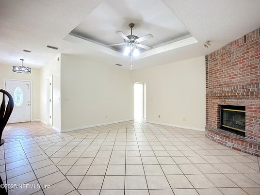 Empty room, Fireplace, Interior, Pendant Lights, Stone Walls