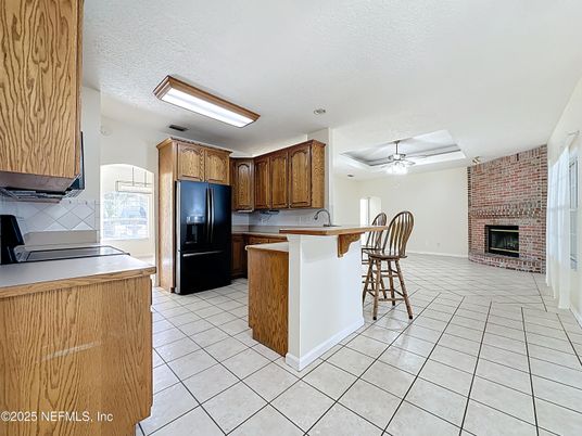 Fireplace, Interior, Kitchen, Recessed Lighting, Stone Walls