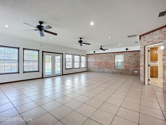 Empty room, Fireplace, Interior, Recessed Lighting, Stone Walls