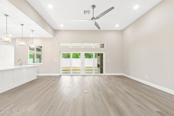 Empty room, Interior, Pendant Lights, Recessed Lighting, Wood Texture Flooring