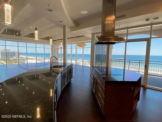 Interior, Kitchen, Pendant Lights, Recessed Lighting, Water, Wood Texture Flooring