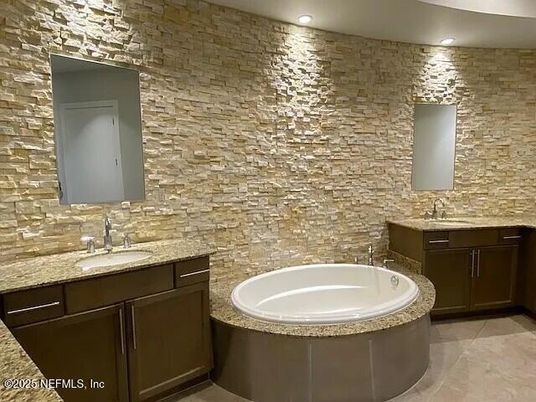 Bathroom, Dual Sink Vanities, Interior, Recessed Lighting, Stone Walls