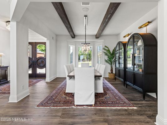 Dining room, Interior, Pendant Lights, Wooden Beams, Wood Texture Flooring