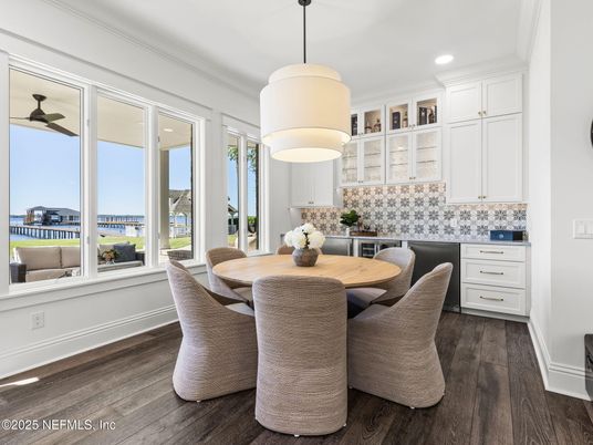 Dining room, Interior, Pendant Lights, Recessed Lighting, Wood Texture Flooring