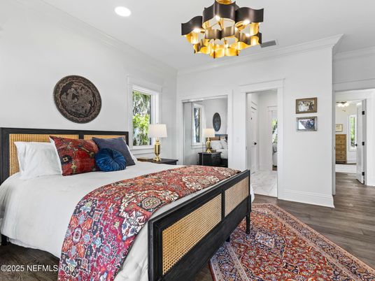 Bedroom, Chandelier, Interior, Recessed Lighting, Wood Texture Flooring