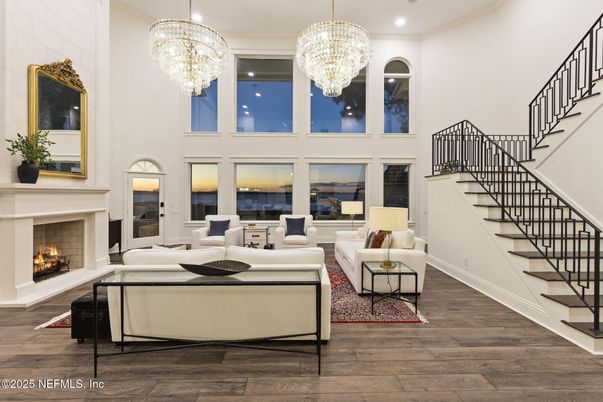 Chandelier, Fireplace, Interior, Living room, Recessed Lighting, Wood Texture Flooring
