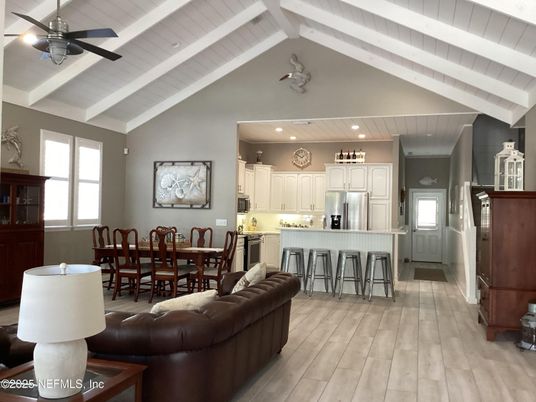 Dining room, Interior, Kitchen, Recessed Lighting, Stainless Steel Appliances, Wood Texture Flooring