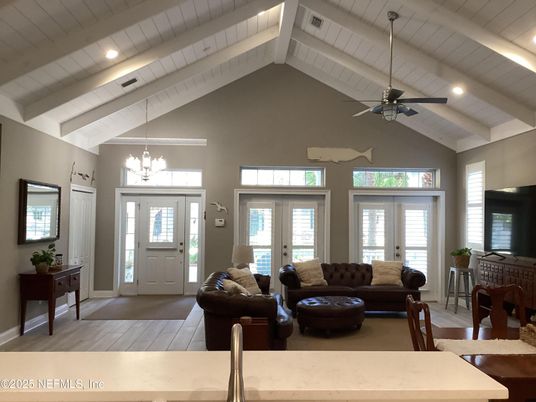 Chandelier, Interior, Living room, Recessed Lighting, Wood Texture Flooring