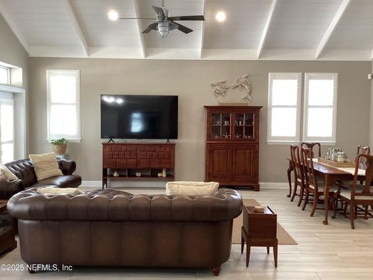 Dining room, Interior, Living room, Recessed Lighting, Wood Texture Flooring