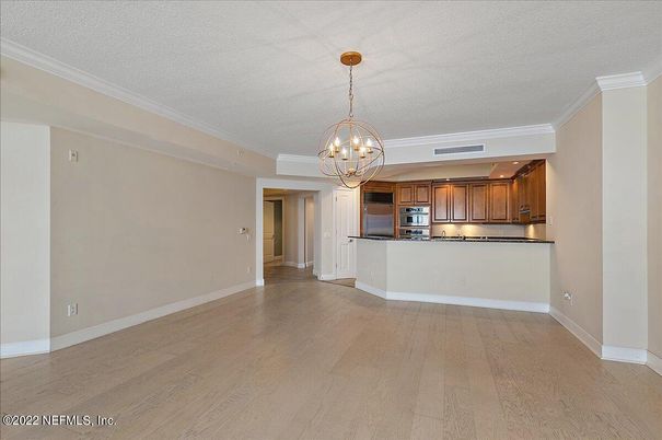 Chandelier, Empty room, Interior, Kitchen, Stainless Steel Appliances, Wood Texture Flooring