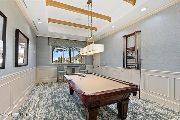 Billiard Table, Game Room, Interior, Pendant Lights, Recessed Lighting, Wooden Beams
