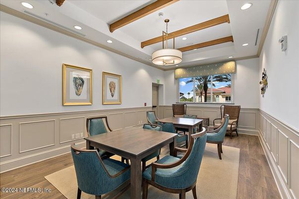 Dining room, Interior, Pendant Lights, Recessed Lighting, Wooden Beams, Wood Texture Flooring