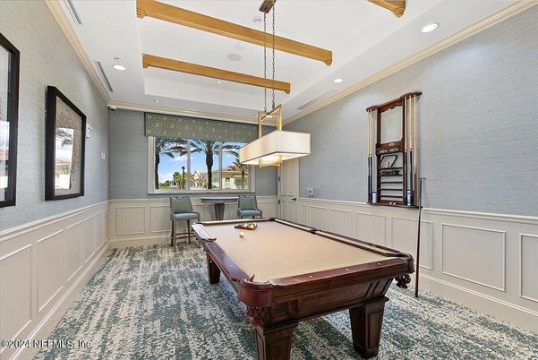 Billiard Table, Game Room, Interior, Pendant Lights, Recessed Lighting, Wooden Beams