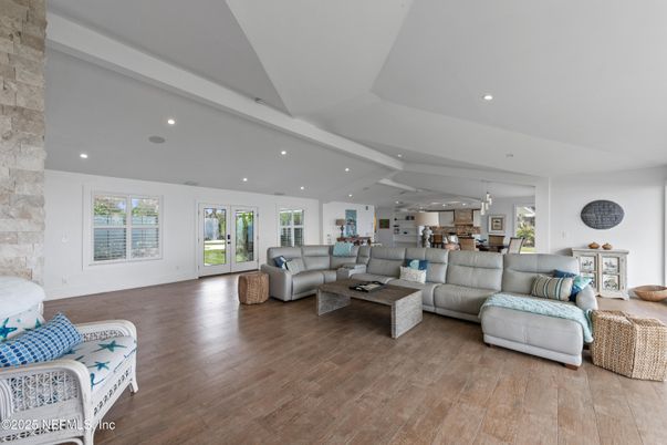 Dining room, Interior, Kitchen, Living room, Pendant Lights, Recessed Lighting, Stone Walls, Wood Texture Flooring