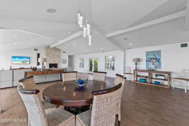 Dining room, Fireplace, Interior, Living room, Pendant Lights, Recessed Lighting, Stone Walls, Wood Texture Flooring