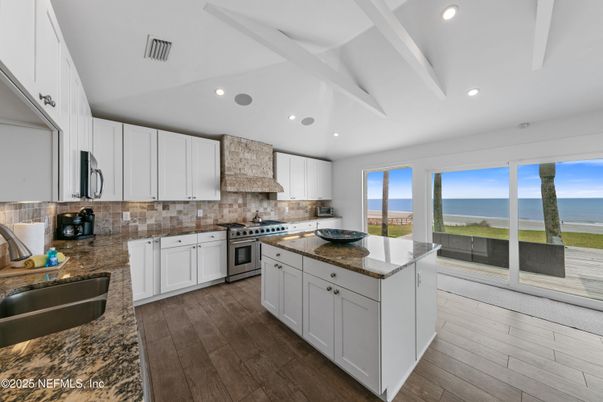 Interior, Kitchen, Recessed Lighting, Stainless Steel Appliances, Water, Wood Texture Flooring