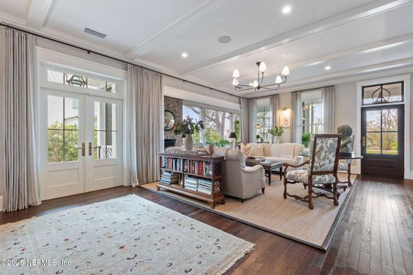 Chandelier, Interior, Living room, Recessed Lighting, Wood Texture Flooring