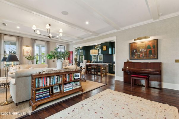 Chandelier, Dining room, Interior, Living room, Piano, Recessed Lighting, Wood Texture Flooring
