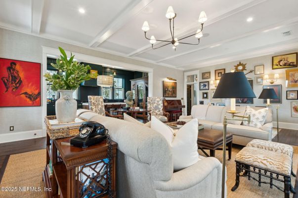 Chandelier, Dining room, Interior, Living room, Piano, Recessed Lighting, Wood Texture Flooring