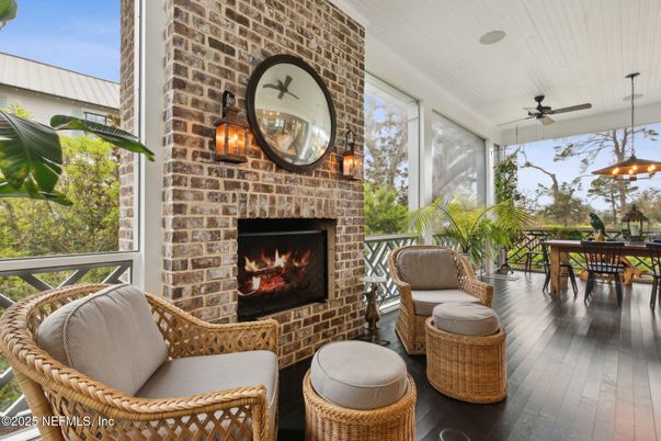 Dining room, Fireplace, Interior, Pendant Lights, Stone Walls, Wood Texture Flooring