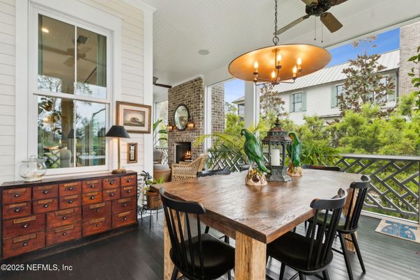 Dining room, Fireplace, Interior, Pendant Lights, Stone Walls, Wood Texture Flooring