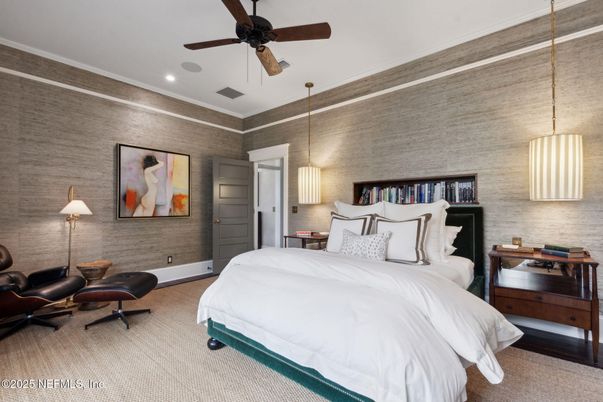 Bedroom, Interior, Pendant Lights, Recessed Lighting, Stone Walls