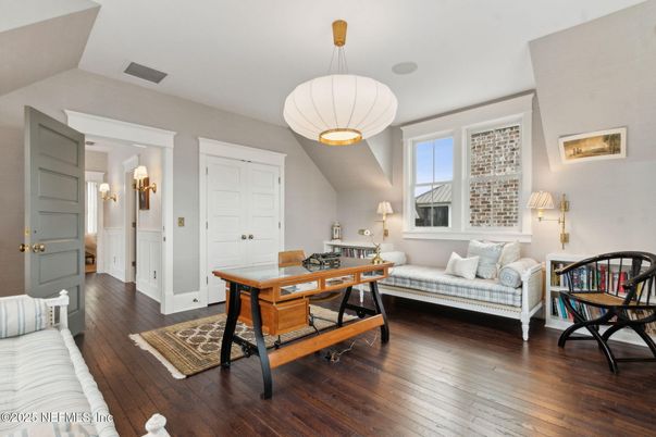 Home Office, Interior, Pendant Lights, Wood Texture Flooring