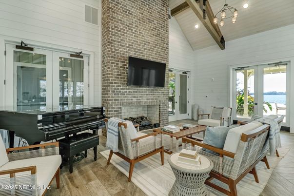 Fireplace, Interior, Living room, Pendant Lights, Piano, Stone Walls, Wood Texture Flooring