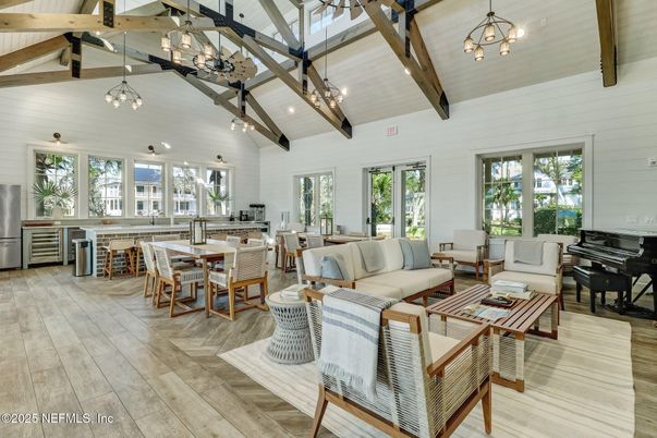 Chandelier, Dining room, Interior, Living room, Pendant Lights, Piano, Wooden Beams, Wood Texture Flooring