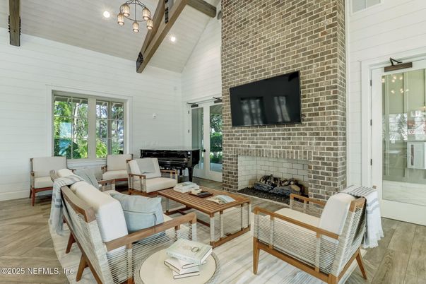Fireplace, Interior, Living room, Pendant Lights, Piano, Stone Walls, Wooden Beams, Wood Texture Flooring
