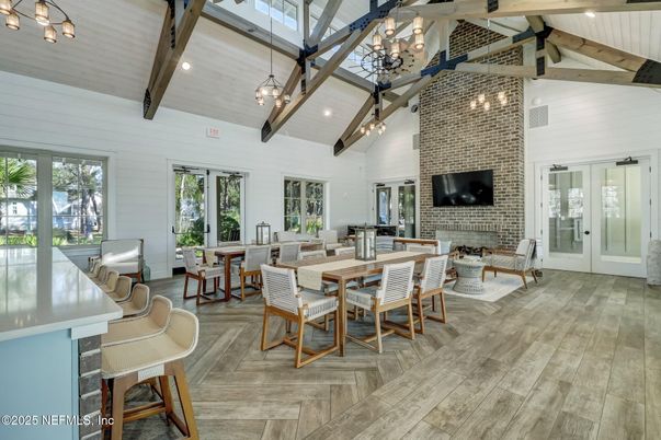Dining room, Fireplace, Interior, Living room, Pendant Lights, Stone Walls, Wooden Beams, Wood Texture Flooring