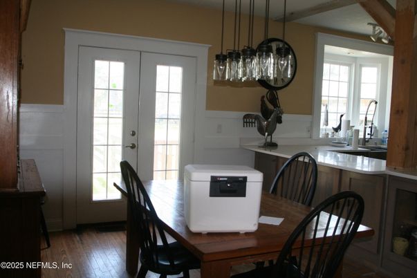 Dining room, Interior, Pendant Lights, Wood Texture Flooring