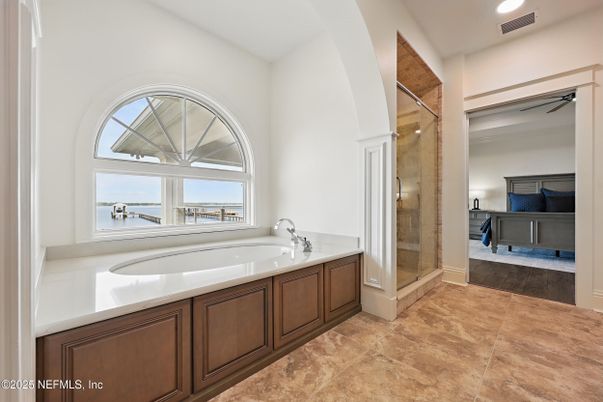 Bathroom, Bedroom, Glass Shower, Interior, Recessed Lighting, Wood Texture Flooring