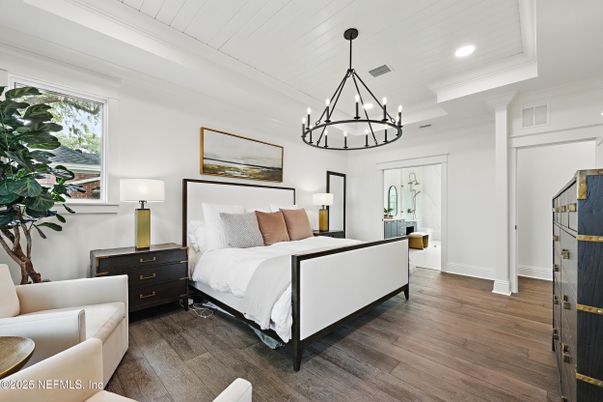 Bedroom, Chandelier, Interior, Pendant Lights, Recessed Lighting, Wood Texture Flooring