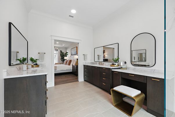 Bathroom, Bedroom, Dual Sink Vanities, Interior, Recessed Lighting, Wood Texture Flooring