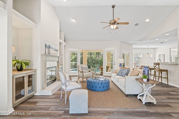 Fireplace, Interior, Living room, Pendant Lights, Recessed Lighting, Wood Texture Flooring