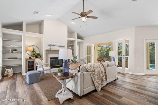 Fireplace, Interior, Living room, Recessed Lighting, Wood Texture Flooring