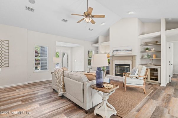 Fireplace, Interior, Living room, Recessed Lighting, Wood Texture Flooring