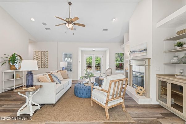 Fireplace, Interior, Living room, Recessed Lighting, Wood Texture Flooring