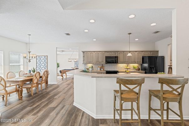 Chandelier, Dining room, Interior, Kitchen, Pendant Lights, Recessed Lighting, Wood Texture Flooring