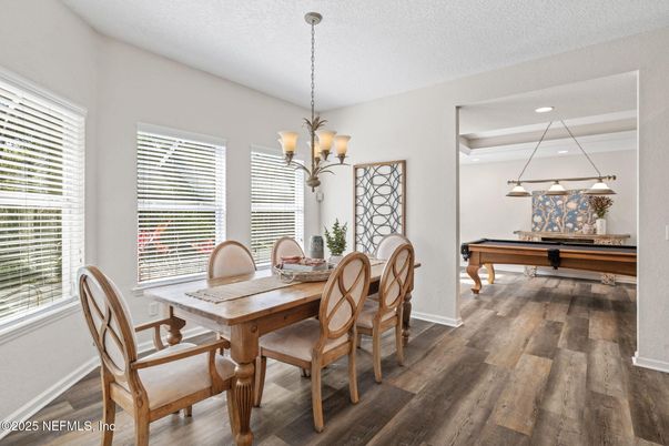 Billiard Table, Chandelier, Dining room, Game Room, Interior, Pendant Lights, Recessed Lighting, Wood Texture Flooring