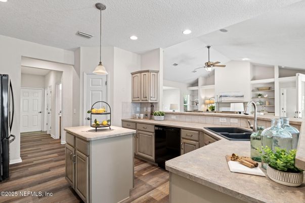 Interior, Kitchen, Pendant Lights, Recessed Lighting, Wood Texture Flooring
