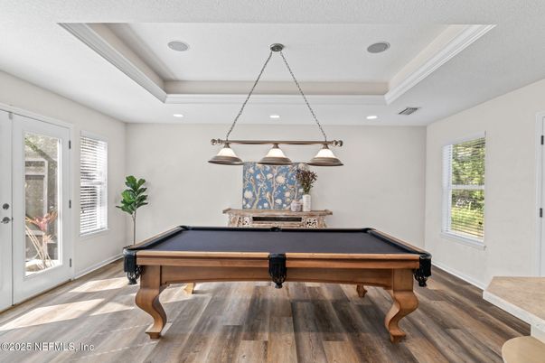 Billiard Table, Fireplace, Game Room, Interior, Pendant Lights, Recessed Lighting, Wood Texture Flooring