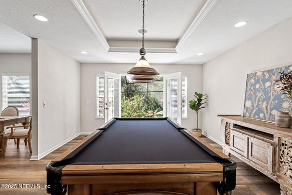 Billiard Table, Game Room, Interior, Pendant Lights, Recessed Lighting, Wood Texture Flooring