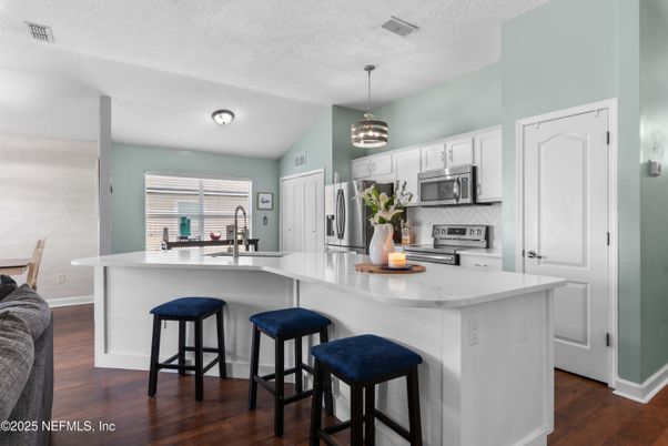Interior, Kitchen, Pendant Lights, Stainless Steel Appliances, Wood Texture Flooring