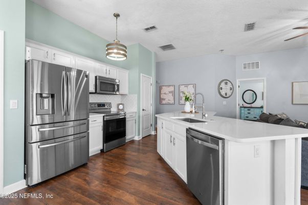 Interior, Kitchen, Pendant Lights, Stainless Steel Appliances, Wood Texture Flooring