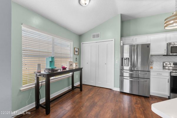 Interior, Kitchen, Pendant Lights, Stainless Steel Appliances, Wood Texture Flooring