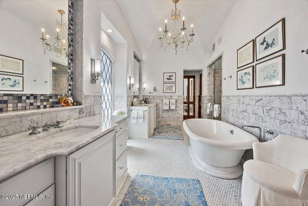 Bathroom, Chandelier, Dual Sink Vanities, Free Standing Baths, Interior, Recessed Lighting