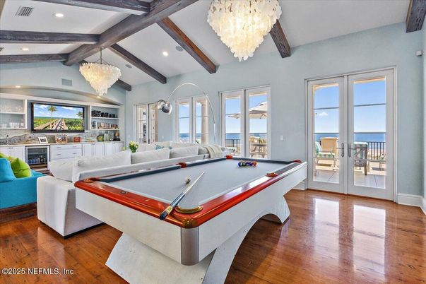 Billiard Table, Chandelier, Game Room, Interior, Living room, Recessed Lighting, Water, Wooden Beams, Wood Texture Flooring