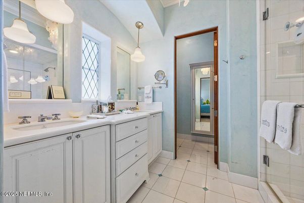 Bathroom, Dual Sink Vanities, Glass Shower, Interior, Pendant Lights